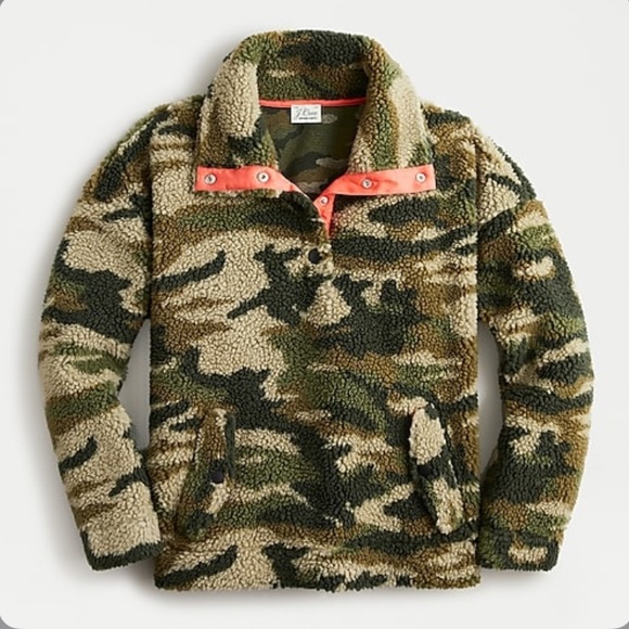 XXS 🔖 J. CREW Snap-collar Sherpa Fleece Jacket Sweatshirt Camo AE962 $138 - Picture 1 of 5